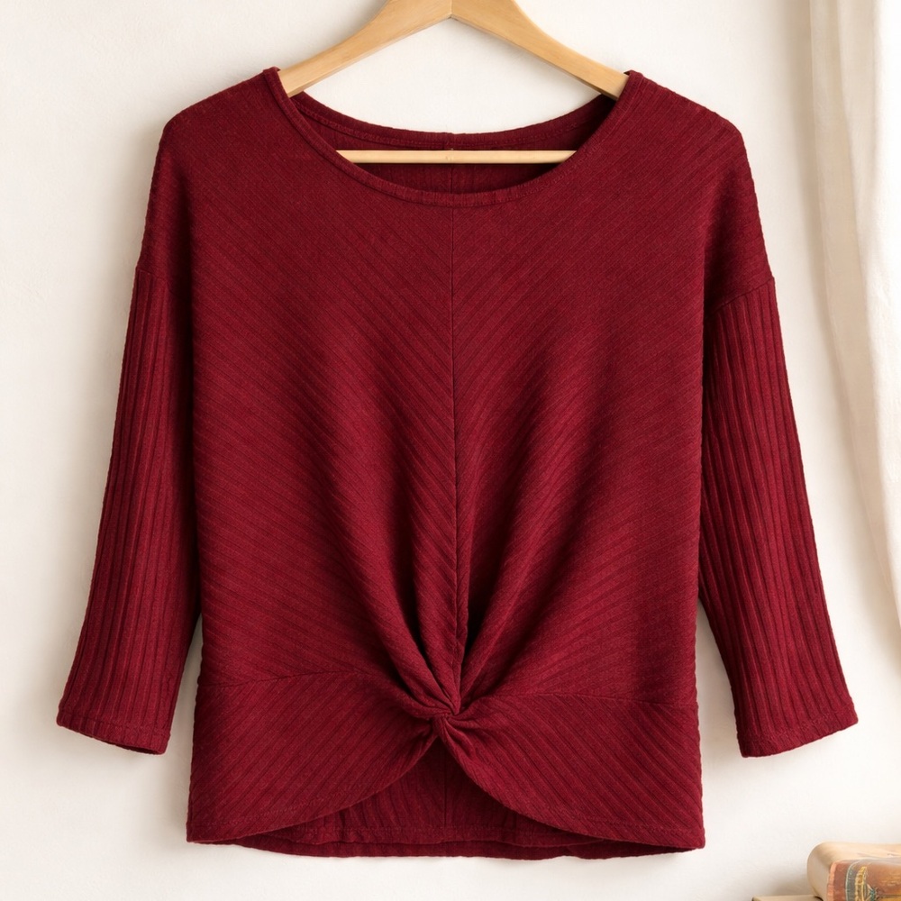 Parallel Skies Burgundy Ribbed Twist Front Top XL